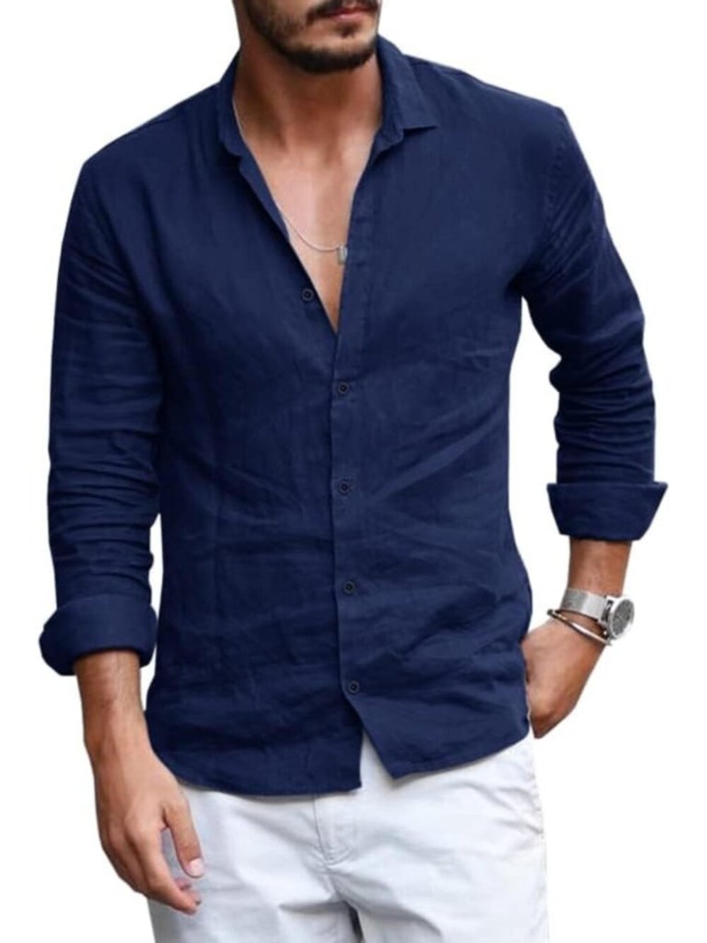 Casual Long Sleeve Button Down Shirt for Men - Lightweight Linen Cotton Blend